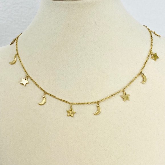 Meghan Bo Goldtone Textured Moon/Star Necklace 16" - Picture 3 of 6